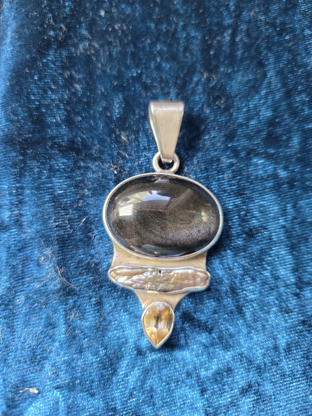 Sterling Silver Pendant with Smoky Gray Cabochon and Citrine Accent